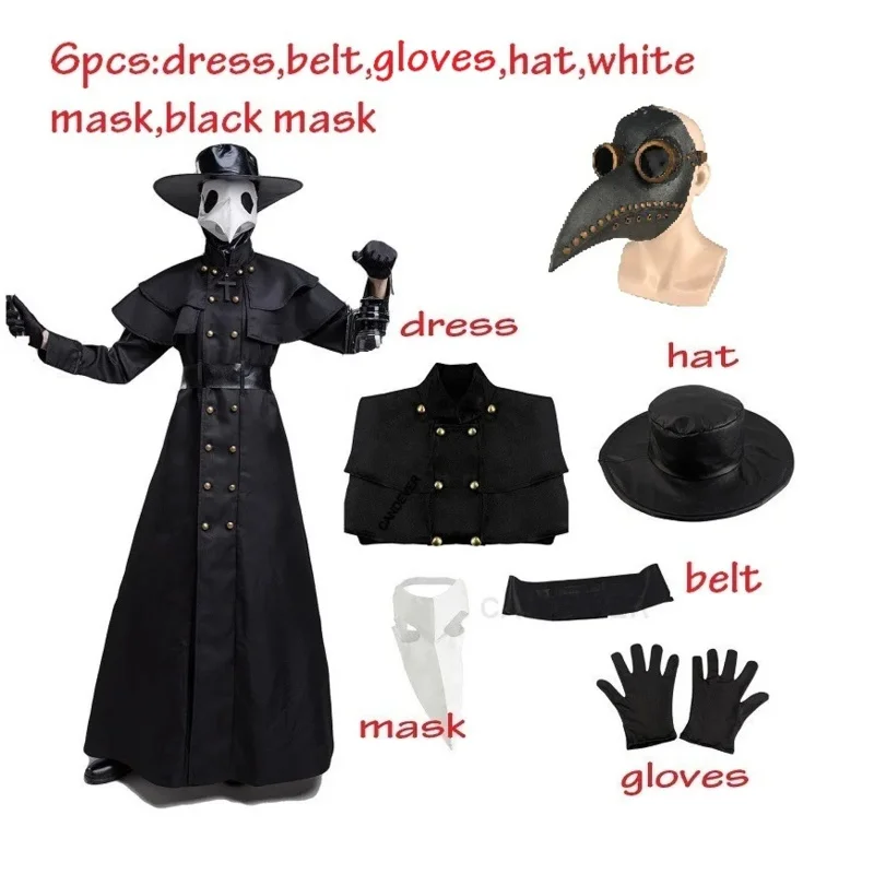 Halloween Medieval Cosplay para Homem, Robe Capuz Medieval, Traje Médico Peste, Máscara e Chapéu, Manto do Feiticeiro do Terror, Capa Monge, Steampunk