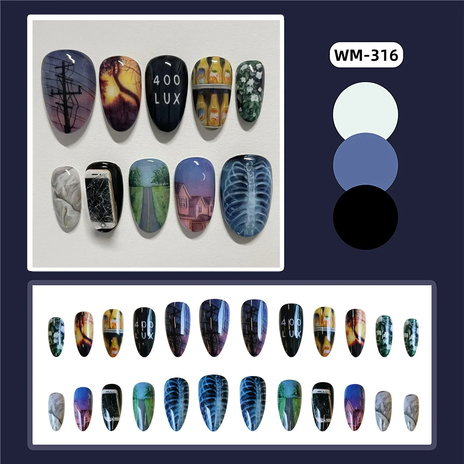 24 Uds. Parches de uñas postizas de almendra brillante, cubierta completa de Material acrílico, uñas postizas con diseños de huesos del atardecer de la autopista, prensa en las uñas