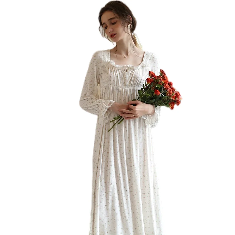 SXTHAENOO 2024 New French Style Floral Print Long Nightgown Womens One Piece Pajamas Spring Longsleeve Home Wear Midi Nightdress