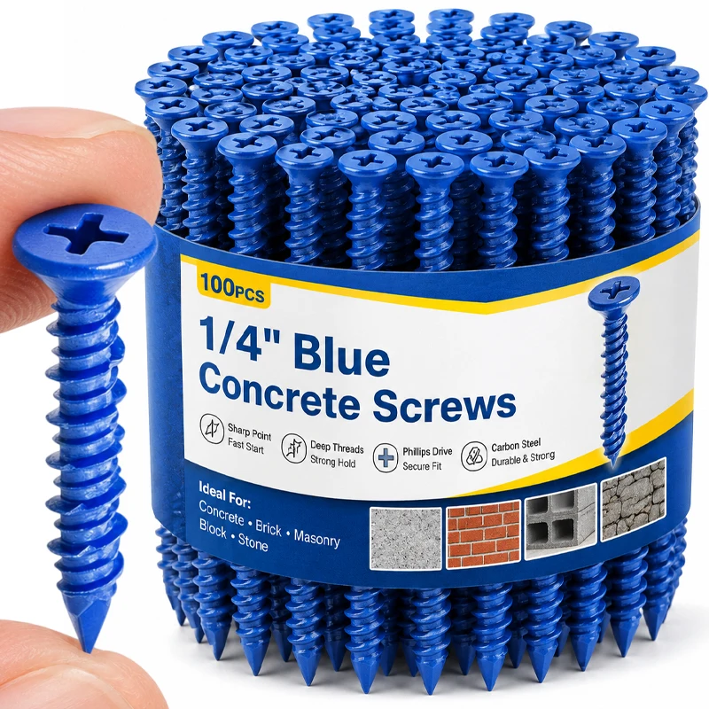 Image of 50/100 Stück 1/4 Zoll blaue Betonschrauben, Anker-Phillips-Senkkopfschrauben für Mauerwerk, Ziegel, Block, Zement, Flachkopf, Hochleistungsschrauben
