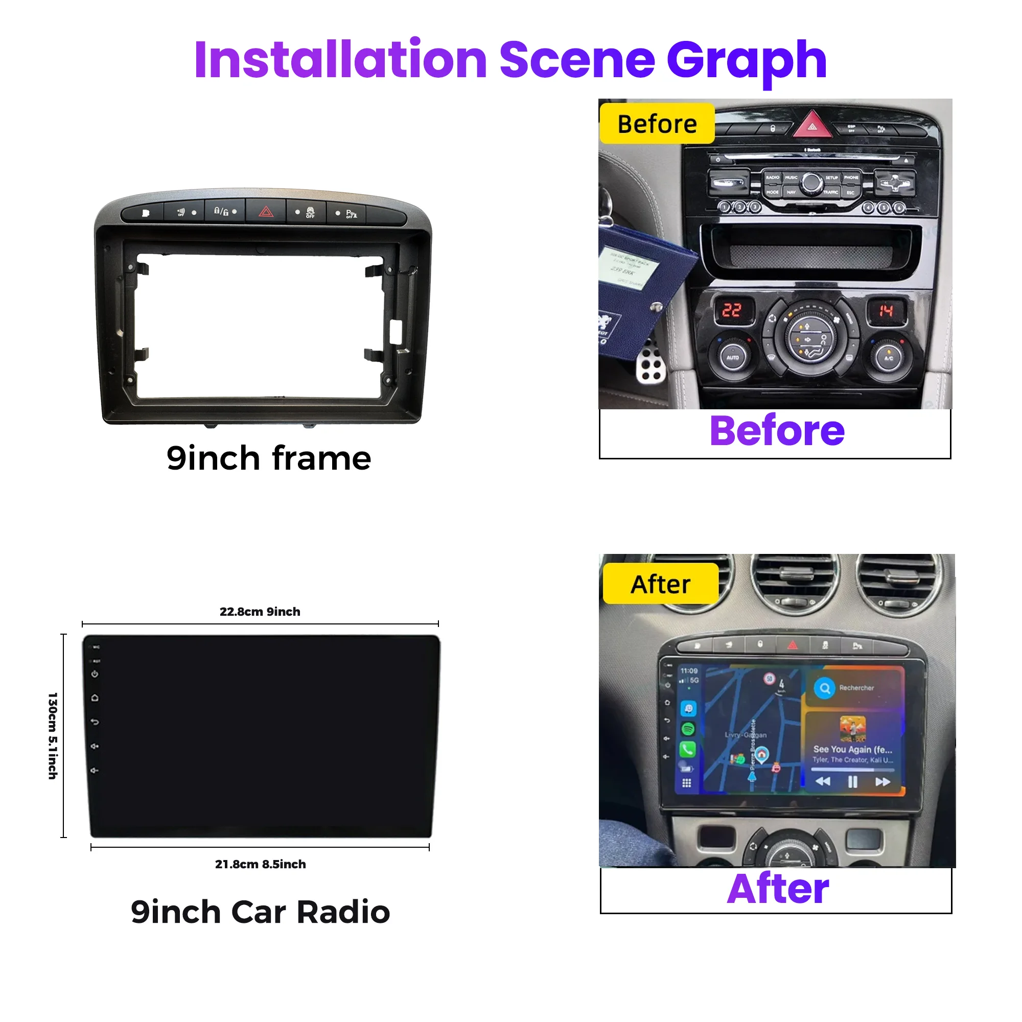 9 inch Frame 2 Din Car Radio Fascia For Peugeot 308 308SW 408 2007-2013 Audio Dash Kit Installation Frame Cable Canbus