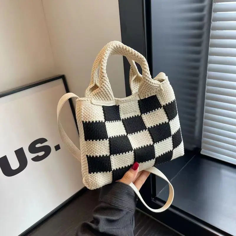 Hand-Woven Wool Handbag for Women, Stitching, High-Grade Texture, Color Diamond Check, Early Autumn, 2024, Niche Design