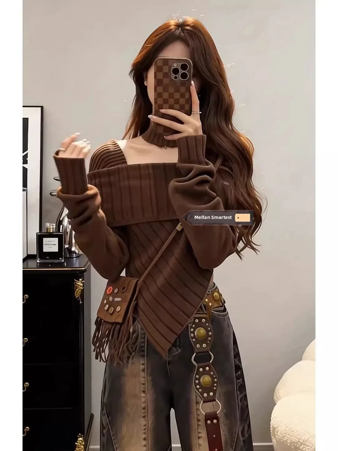 American Style Spicy Girl Shoulder Bared Waist Cinched Knitwear Women's 2026 Spring Autumn Vintage Coffee Color Square Collar...