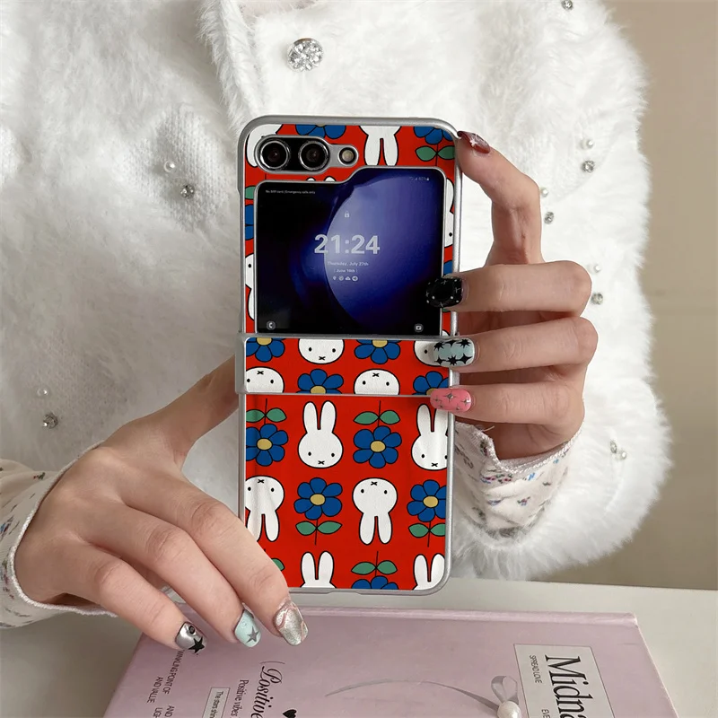 

Cute Miffy Rabbit Floral Leather Phone Case For Samsung Galaxy Z Flip 7 6 5 4 3 Kawaii Red Protective Cover for Z Flip Series