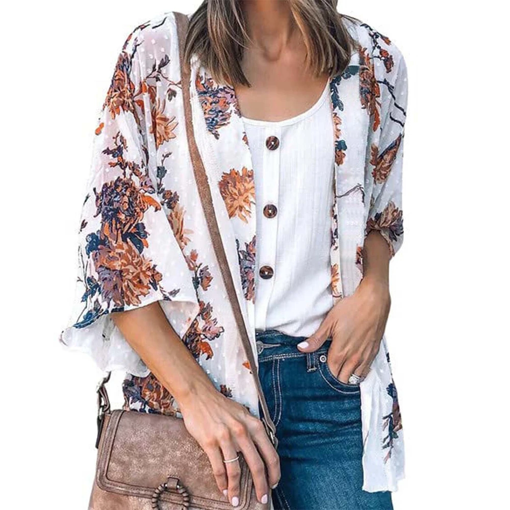 Cárdigans de gasa para mujer, kimono Floral, Top para cubrir el sol, chal informal bohemio, traje de baño de playa, nueva moda