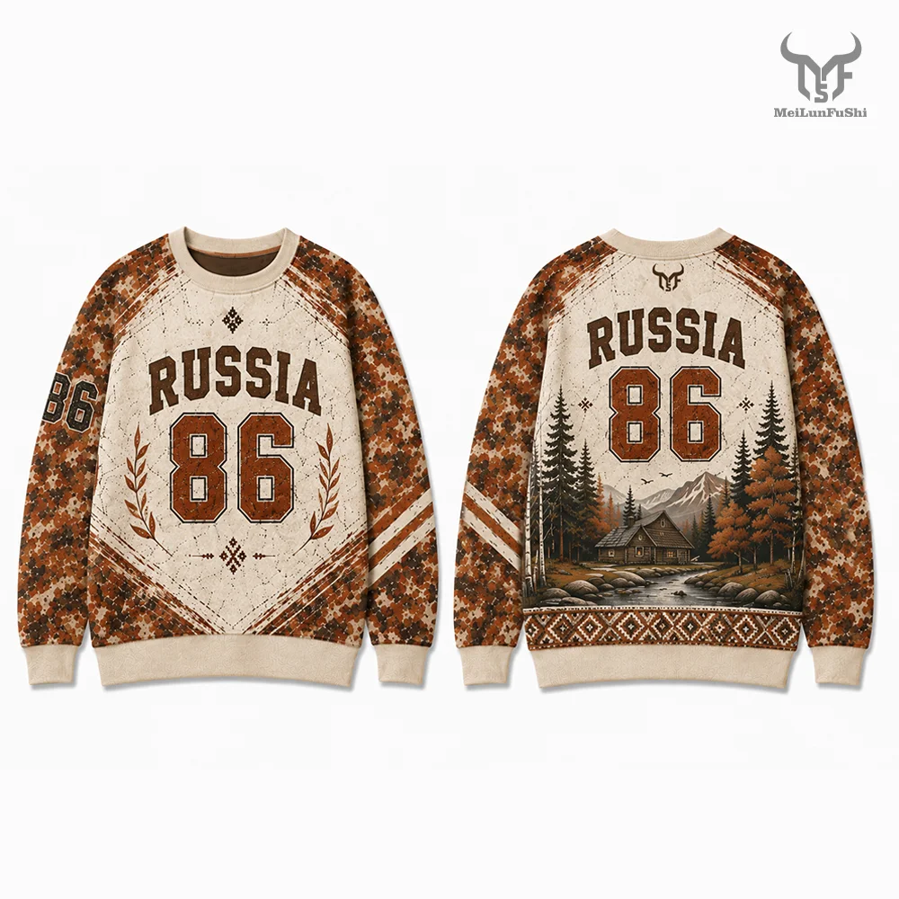 Forest Wooden Cabin Graphic Sweatshirt Unisex Sports Casual Camouflage Print Tops Retro Russia Ethnic Style Crew Neck Pullover
