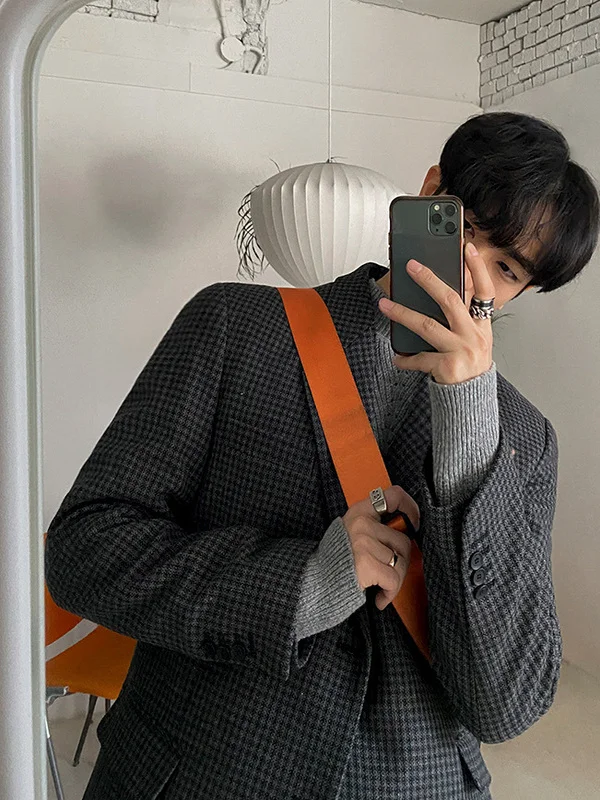 

Мужской укороченный шерстяной пиджак TANGZ Studio в корейском стиле, в клетку, для повседневной носки, модный