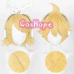 Rin Len Peluca de Cosplay corta, peluca amarilla clara, auriculares desmontables, pelucas de Cosplay de Anime, pelucas sintéticas resistentes al calor