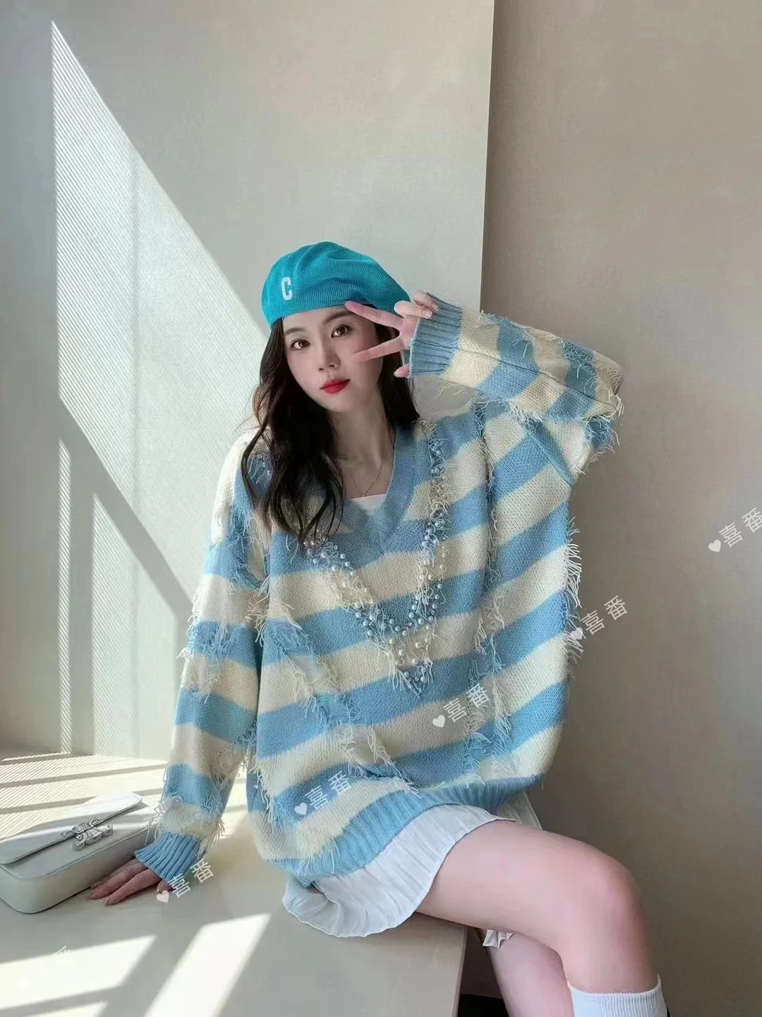 

Striped Jumper Fashion Tops 2023 Women Clothing Knitting Oversized Sweater Tassel Hole Casual Sueter Mujer Beading Y2k Pullovers