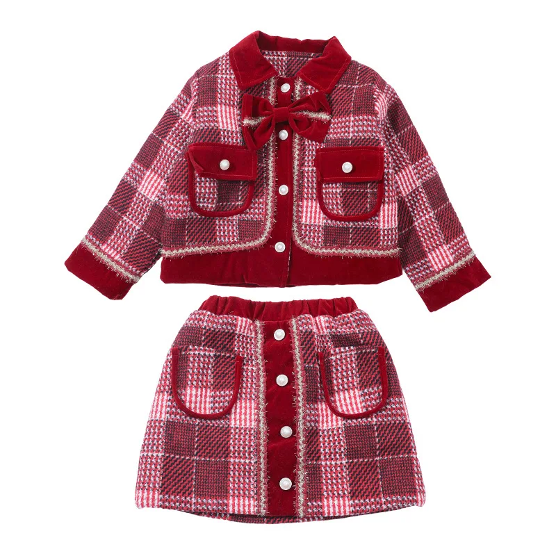 Girls Fashion Thicken Plaid Knit Sets Red Jacket and Skirt 2 Piece Set Winter Autumn Birthday Party Costumes for Kids