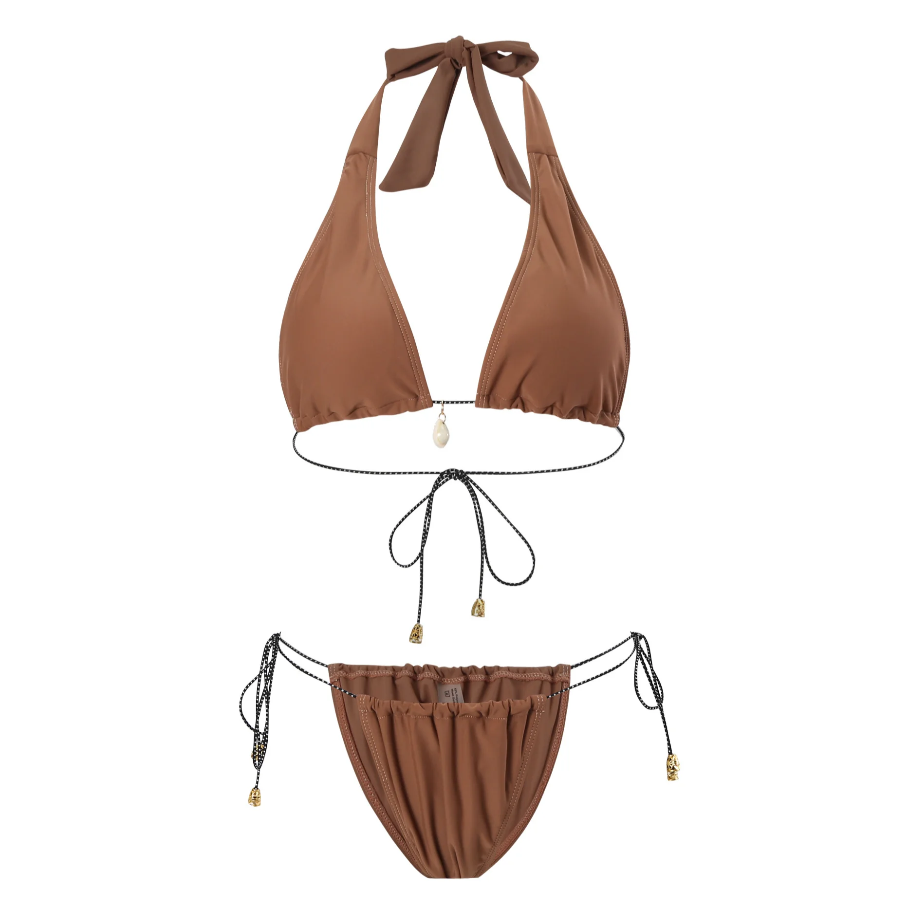 

Women's Pearl Decor Bikini Set Halter Sexy Push Up Swimsuit Two Piece High Waisted Brown Beach Bathing Suit