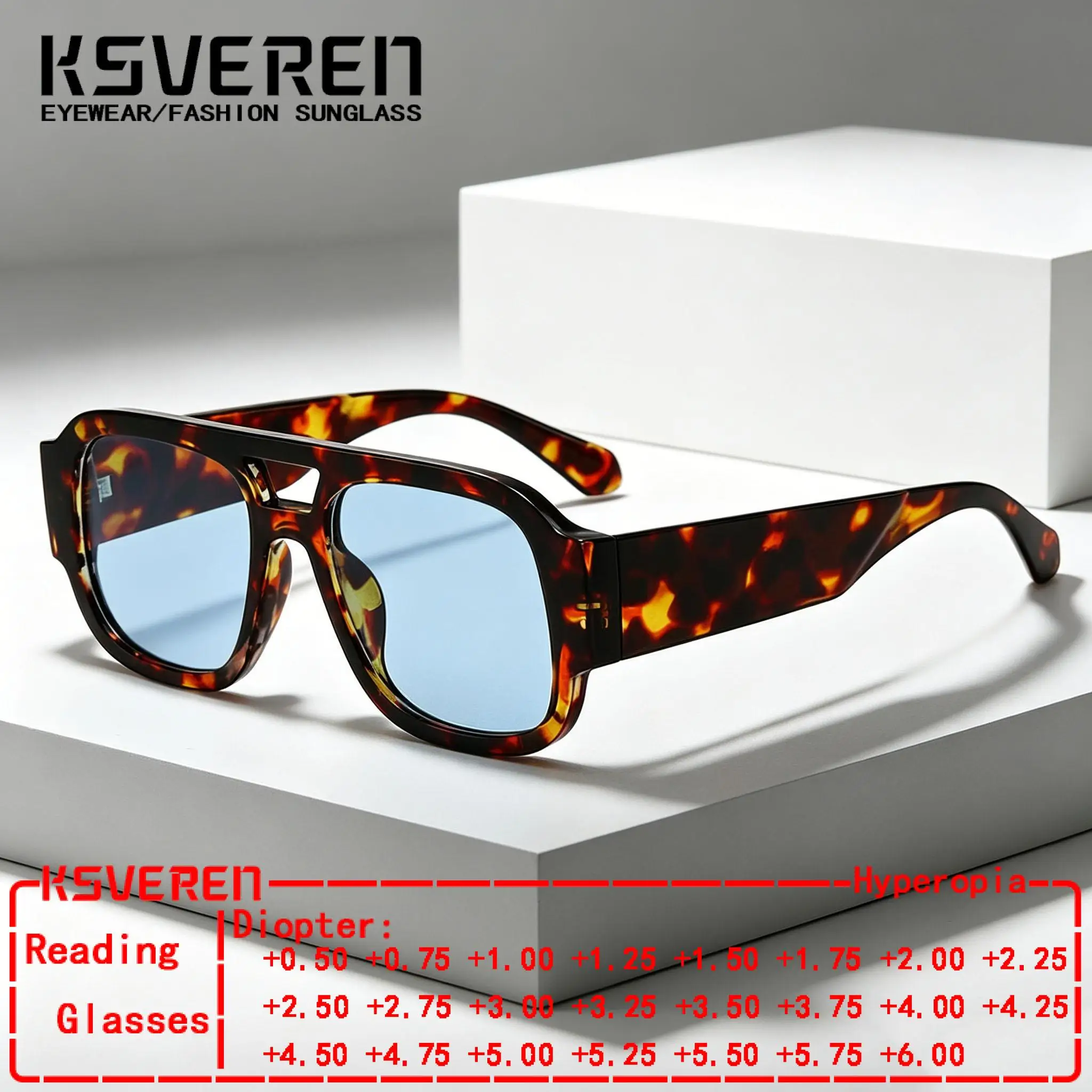 Quadratische Doppelbrücken-Lese-Sonnenbrille für Herren und Damen – Einzelfokus, getönte Gläser, Sonnenschutz, Presbyopie-Brille, anpassbare Dioptrien