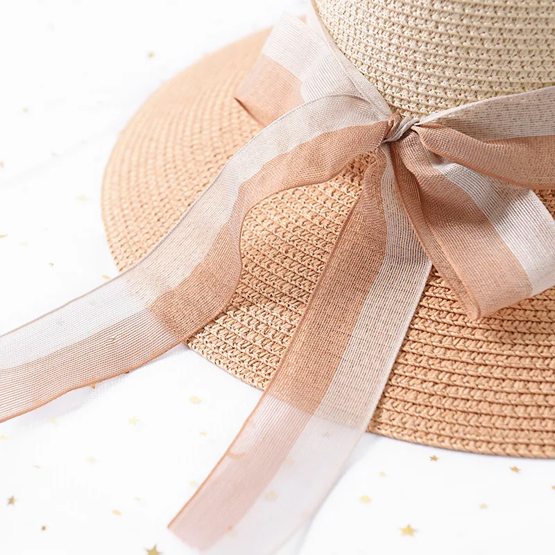 The New Color Patchwork Ribbon Straw Hat Female Summer Beach Holiday Beach Hat Travel Sun Protection Hat