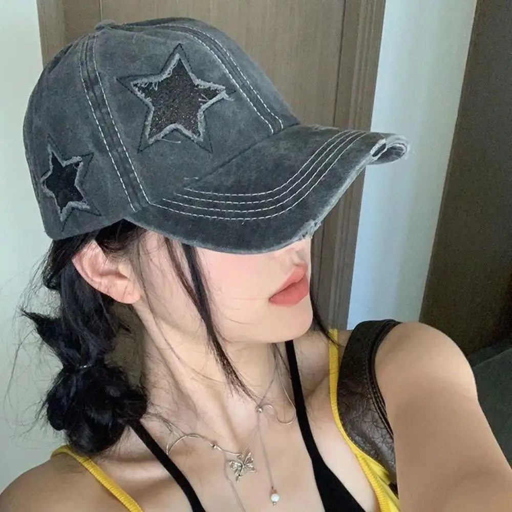 

Бейсбольная кепка со звездным вырезом для хвоста, шляпа Snapback, бейсболка из стираного хлопка с вышивкой звезд, регулируемая потертая шляпа