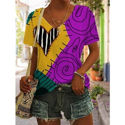 Women's Patchwork Print T-Shirt Boho Short Sleeve Top Summer V-Neck Loose Sweater Harajuku Streetwear T-Shirt