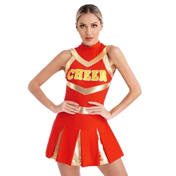 Womens Shiny Cheerleading Uniform Cheer Dance Dress Costume Pleated Print Dress Youthful Sexy Schoolgirl Squad Cosplay Outfits