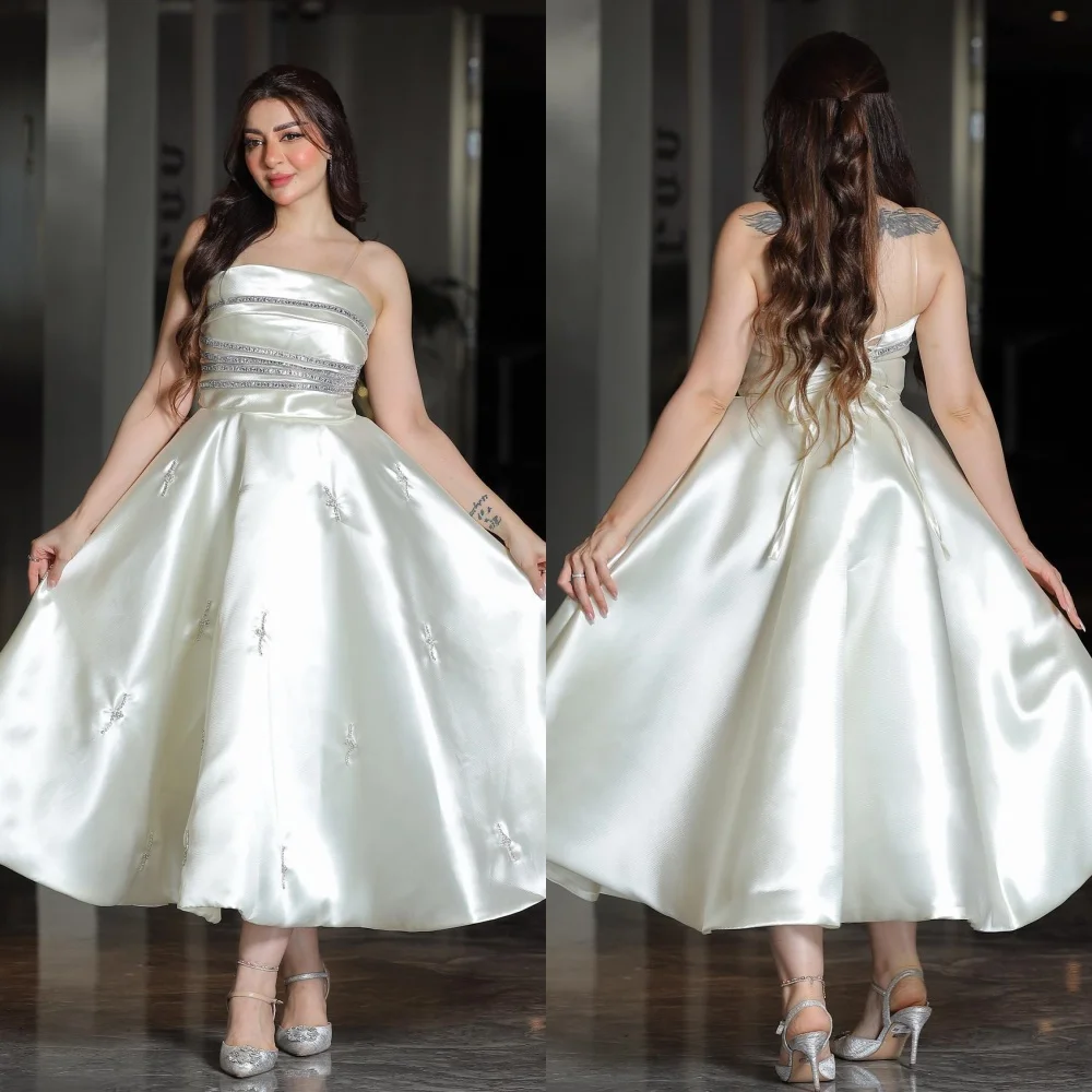 

Satin Sequined Beading Ruched Homecoming A-line Strapless Bespoke Occasion Gown Midi Dresses