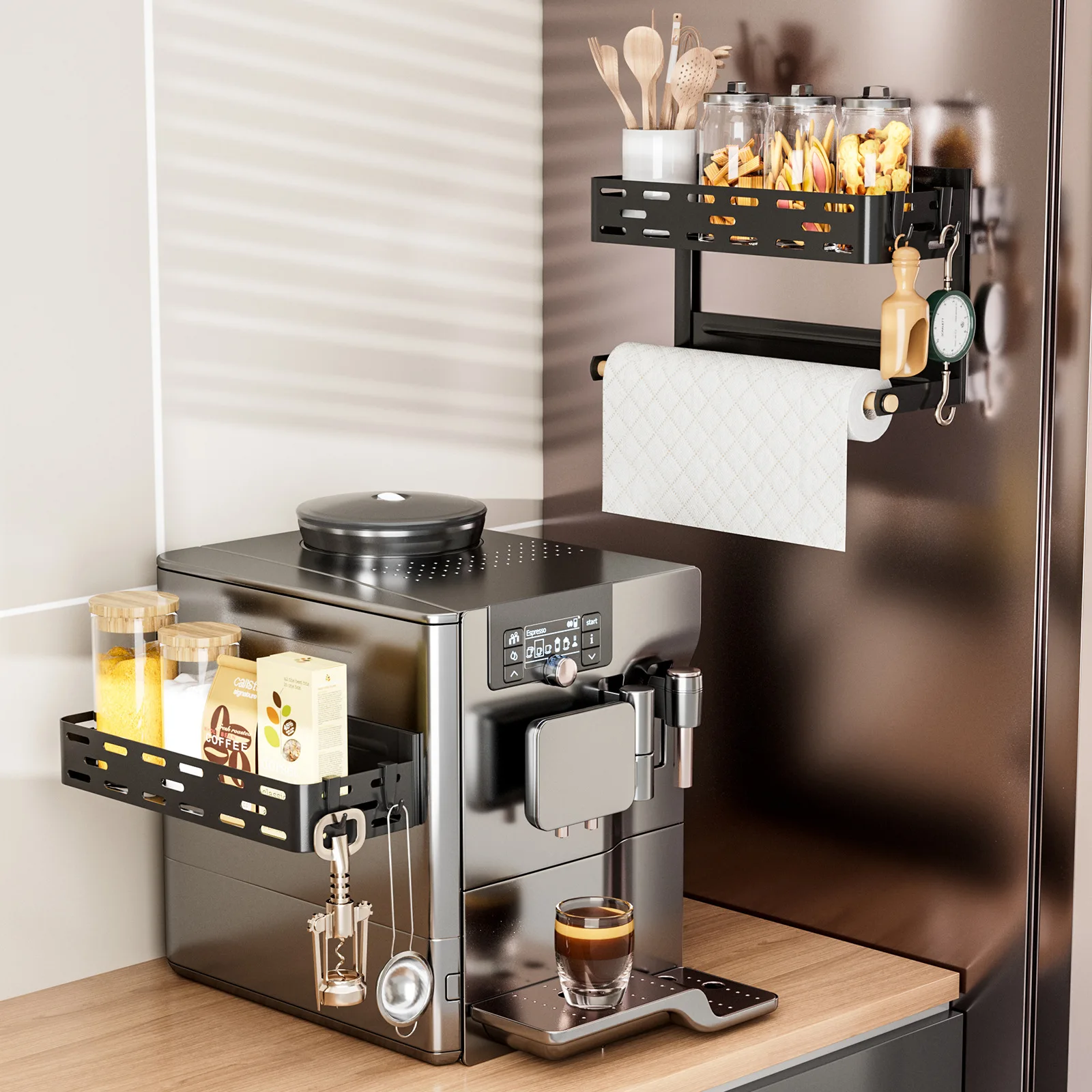 

Magnetic refrigerator shelf No punching refrigerator side hanger Household kitchen roll paper seasoning storage rack