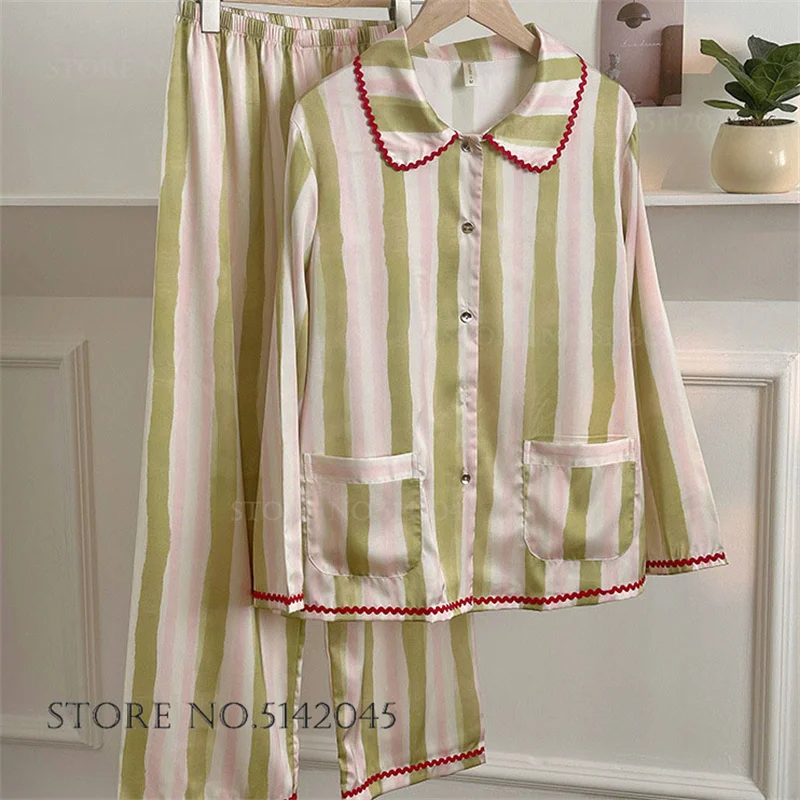 

Sweet Girls Ice Silk Pajamas 2PCS Set Homewear Cute Striped Doll Collar Sleepwear Trouser Pijamas Suit Loose Casual Loungewear