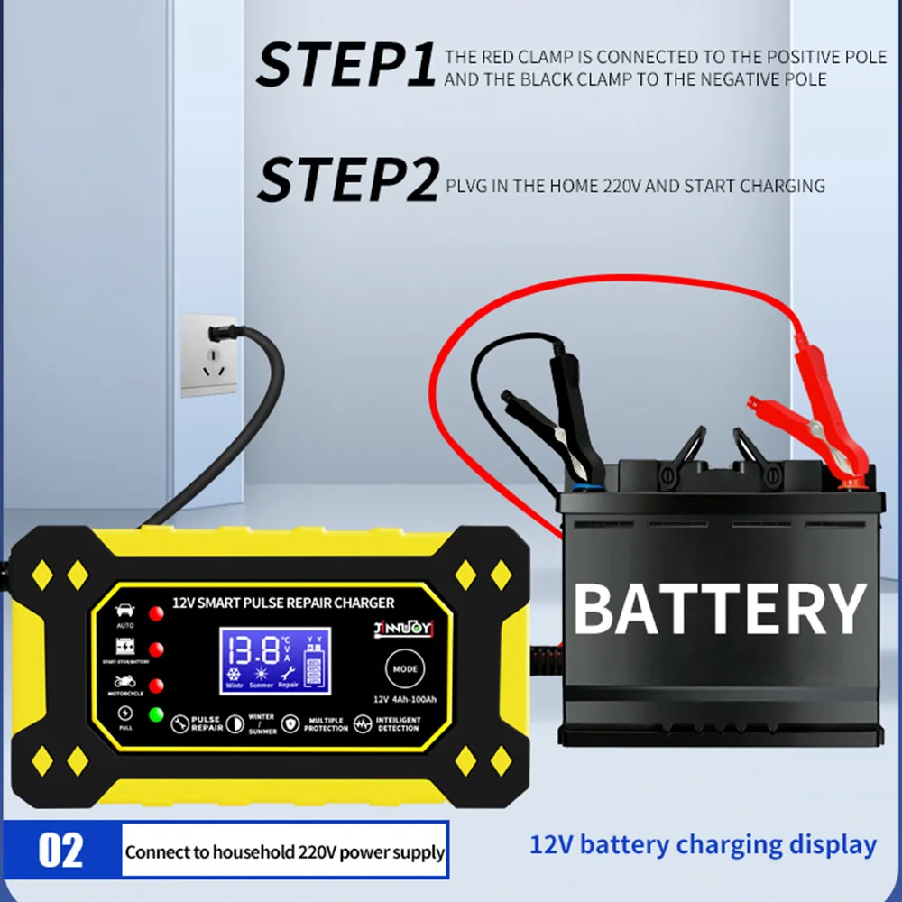 شاحن بطارية سيارة أوتوماتيكية بالكامل ، شاشة عرض رقمية ، شواحن إصلاح نبض الطاقة ، حمض الرصاص الجاف الرطب ، 12 فولت #5