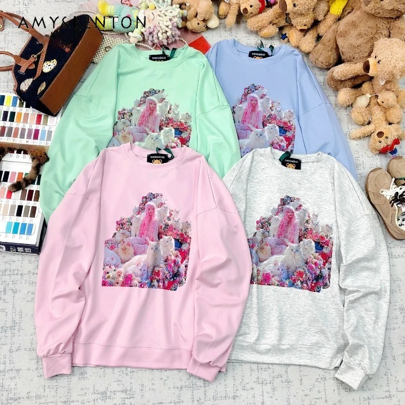 

Korean Fashion Hoodies Loose Characters Cartoon Cat Nail Diamond Printing Age Reduction Versatile Long-sleeved Sweatshirts Women