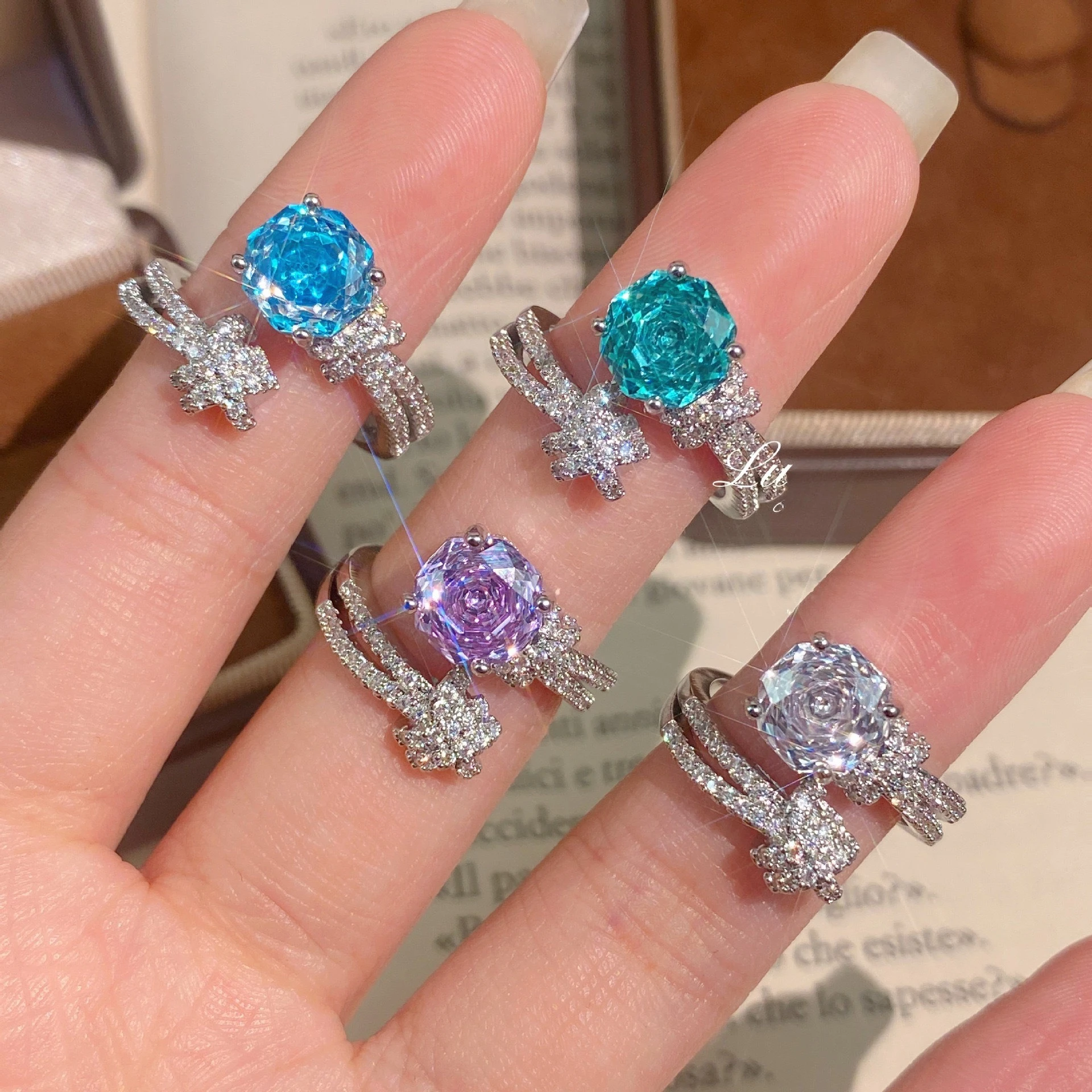 

Luxury Millennial Rose Cut Paraiba Tourmaline Ring for Women Twisted Band Sparkling High Carbon Diamond Blue Gemstone Jewelry