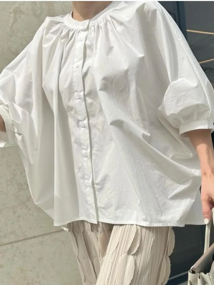 Mat White Long Sve Doll irt Faion Design Bubble Sve Lazy Bat Wing Top Colore puro Versatile Primavera 2025