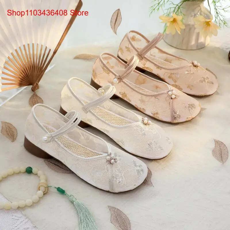 New Mesh Low Heels with Cheongsam Sequin Embroidery Ethnic Style Single Mesh Shoes Embroidered Shoes
