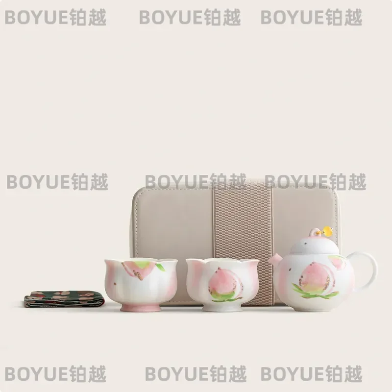 for Hand-painted Pink Peach Portable Tea Set with Leather Bag One Pot Two Cups Self-filtering Travel Tea Set