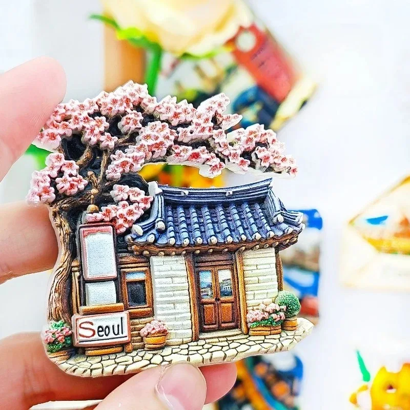 Seoul Hanok Village Fridge Magnet,Rigid Resin Refrigerator Magnet,Traditional House Souvenir Blue Tiled Roof Decor Unique Gift.