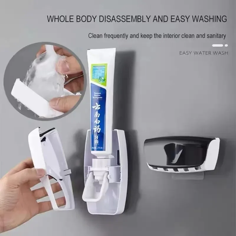 Toothbrush Holder With Automatic Toothpaste Dispenser Wall Mounted Toothbrush Storage Rack & Bathroom Toothpaste Squeezer