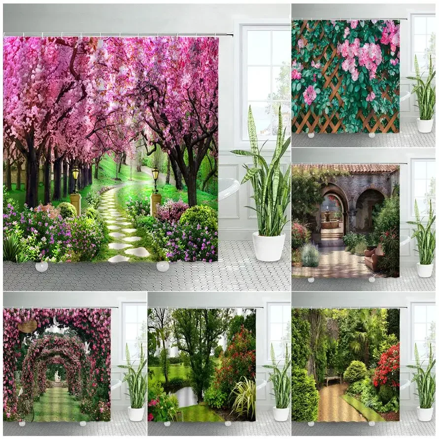 

Spring Rural Landscape Shower Curtains Set Pink Flowers Tree Forest Natural Floral Green Plant Scenery With Hooks Bathroom Decor