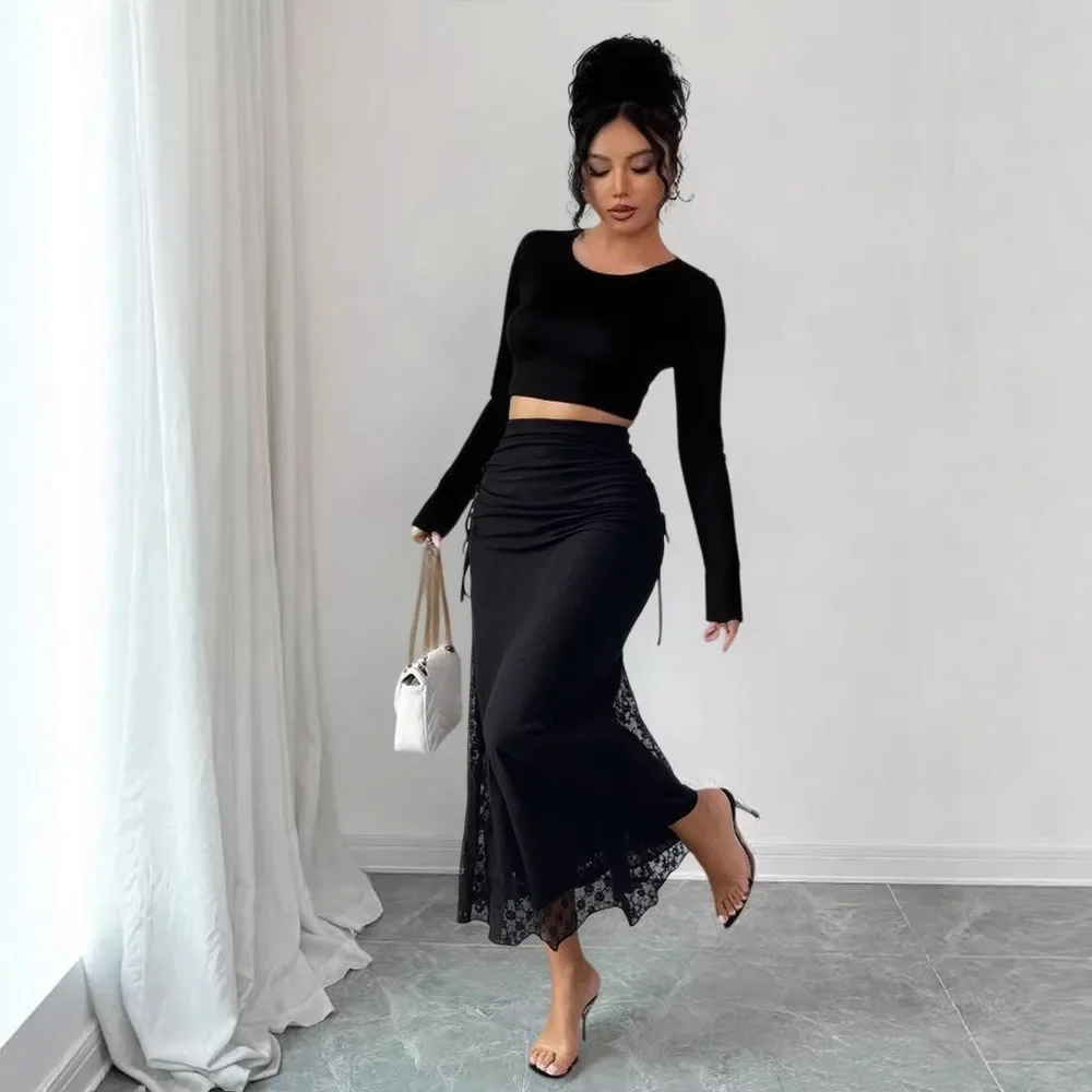 Women 2026 Summer European American Style Lace Mesh Skirt High Waist Bodycon Slim Midi Skirt Street Photo Chic Elegant New