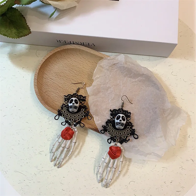 2Pcs Striking Rose Skull Hand Skull Geometric Personalities Lace Gothic Alloy Multicolor Dangle Earrings Women Party Prom Gift