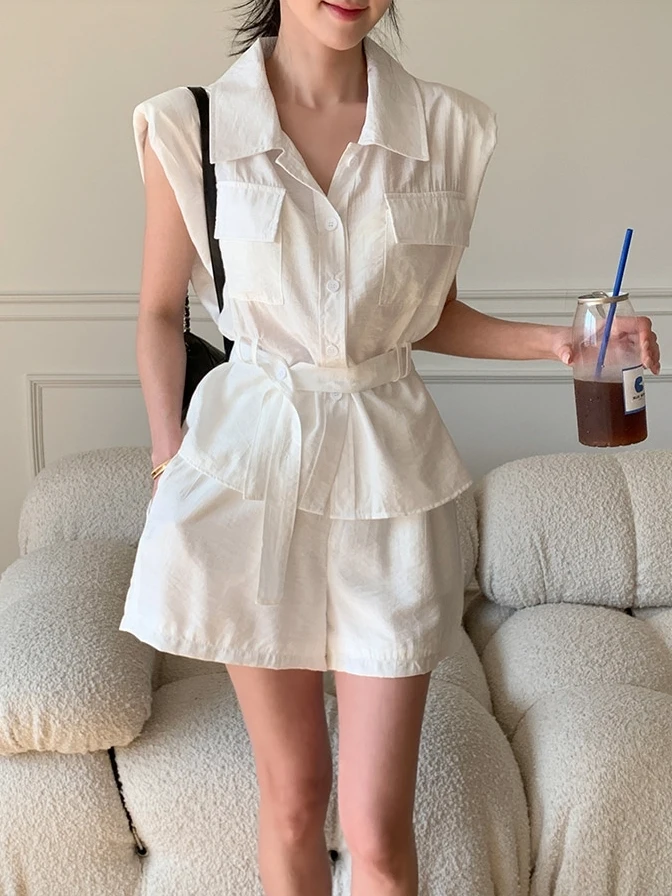 

Women's Loose Fit Svel irt Top with Double kets Waist Cinching Turn-down Collar Faionable Set with Wide Leg orts