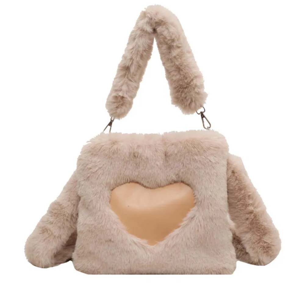 ISKYBOB Women Autumn And Winter Plush Bags with Heart Print Large Tote Versatile One Shoulder Underarm Plush Bucket Bag