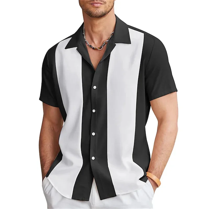 Camisas masculinas de bowling com botões, manga curta, bloco de cores, lapela, roupa de rua, moda casual, vermelha, verão, nova, 2024