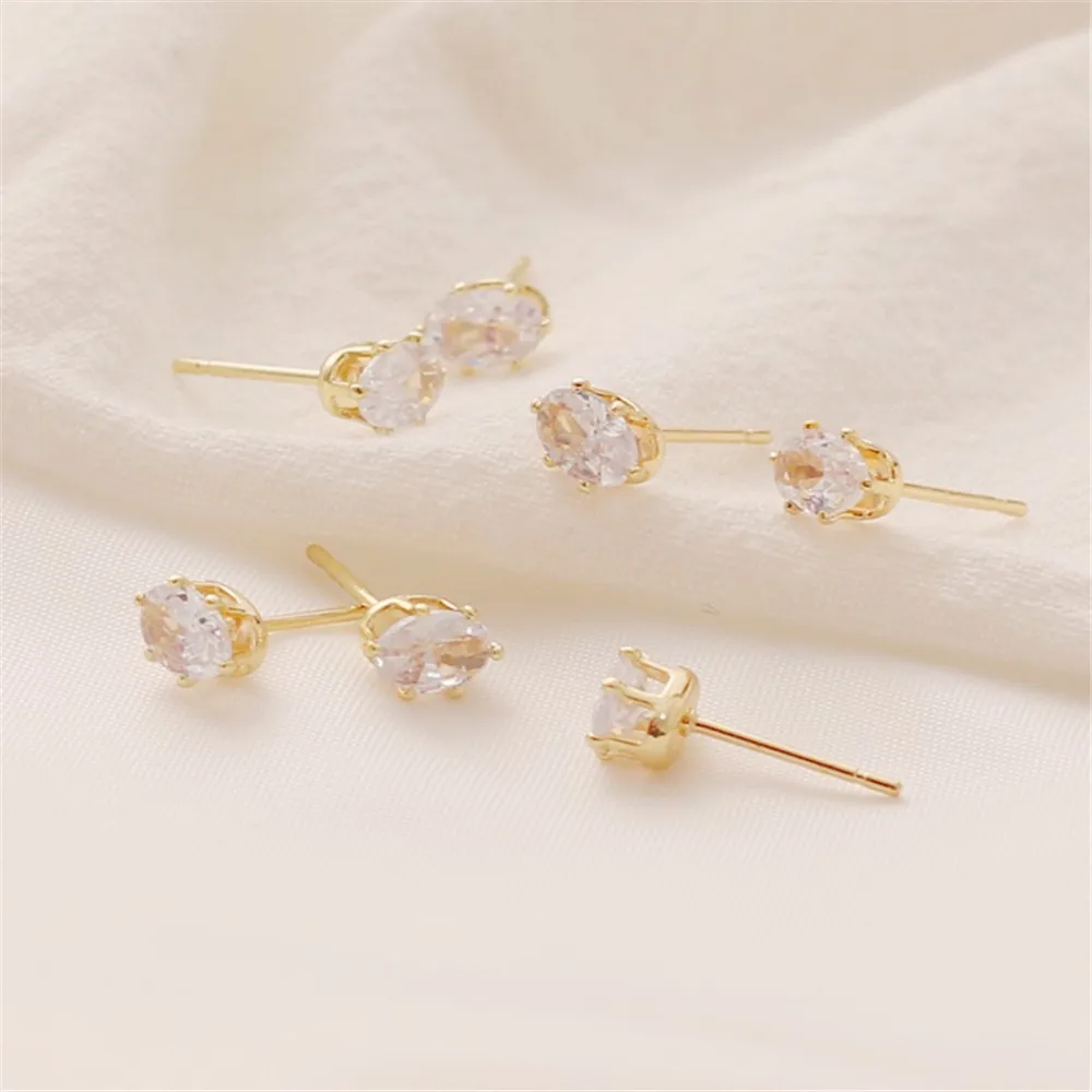 14K Gold-wrapped Oval Zircon Stud Earrings Homemade Earrings Handmade DIY Earrings Jewelry Accessories