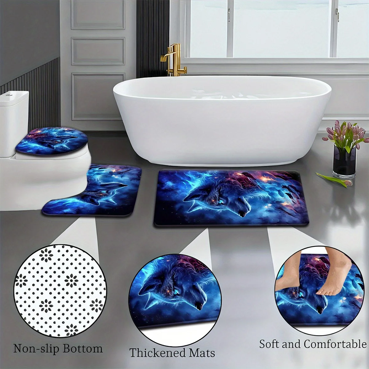 3pcs Blue Ice Flame Wolf Bathroom Rug Set Non-Slip U-Shaped Mat and Toilet Lid Cover Animal Theme Washable Indoor Floor Mats