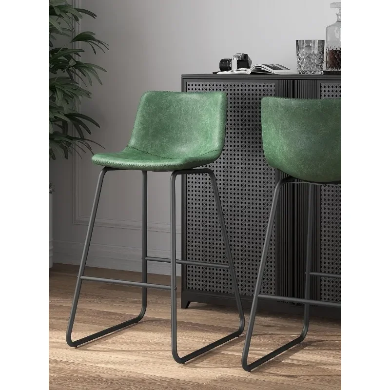 Bar Stools Set of 3,26 Inches Counter Height with Back, Faux Leather with Metal Legs and Footrest,Bar Chairs for Kitchens(Green)