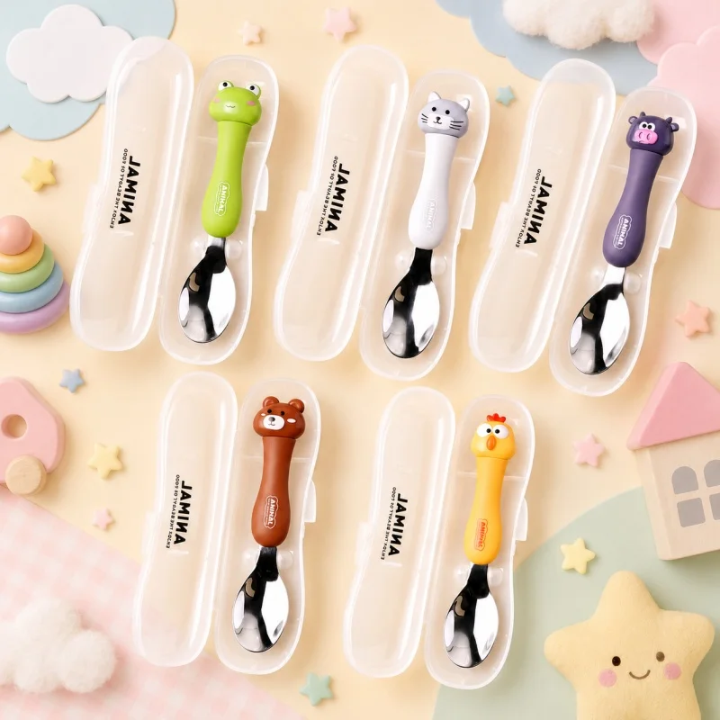 Cute Animal Kids Spoon and Fork Set Stainless Steel Baby Toddler Cutlery Portable Children Dinner Utensils with Storage Box