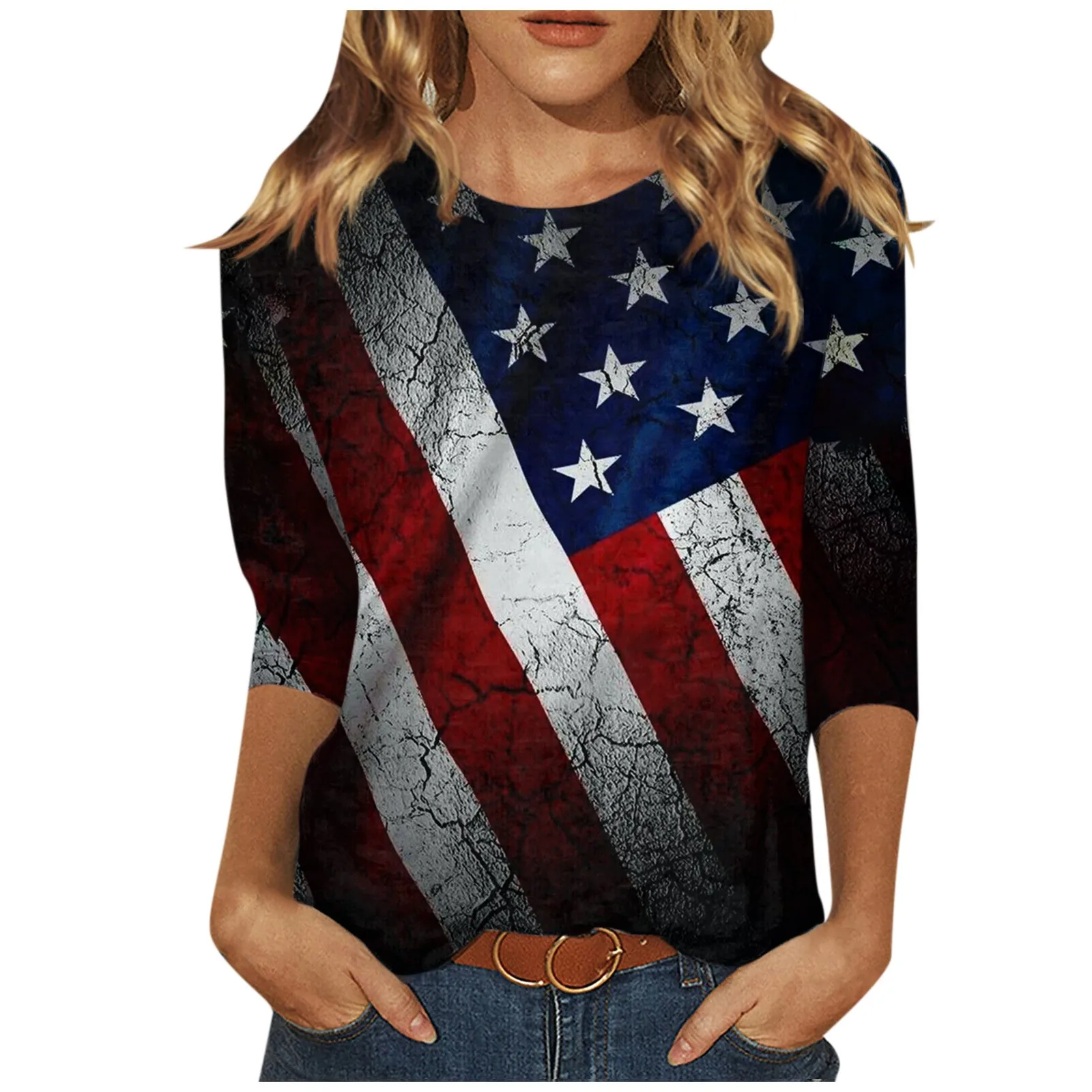 

2024 Women'S T Shirts Designer Fashion Casual Three Quarter Sleeve Independence Day Print Round Neck Pullover Top Sudaderas