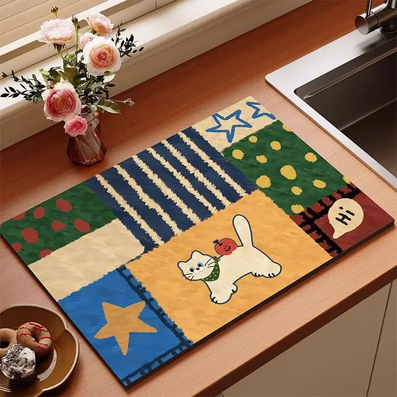 Color Blocking Small White Cat Kitchen Drain Pad, Anti Slip Coffee Machine Tableware, Protective Pad