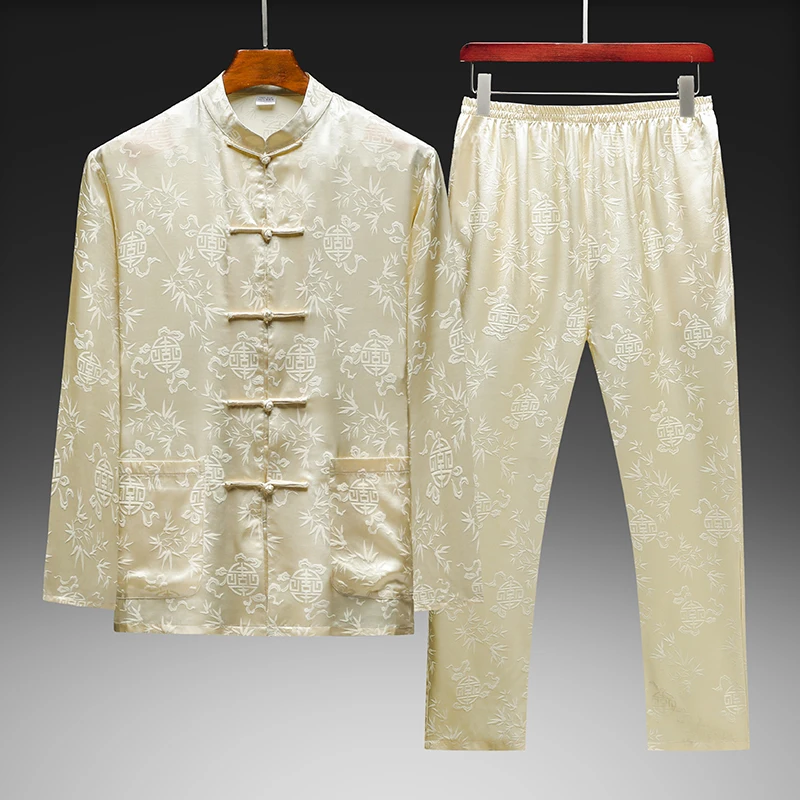 Chinese Style 2 Piece Set Man Genuine Silk 100% Shirt&Pants Satin Summer Quality Frog Button Tang Costume Conjunto Verano Hombre