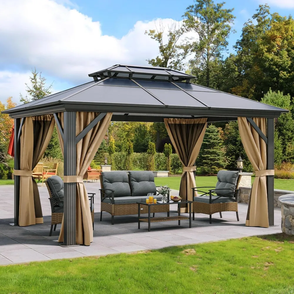 

10x12FT Gazebo Hard-Top Double Roof Canopy Outdoor with Netting and Shaded Curtains