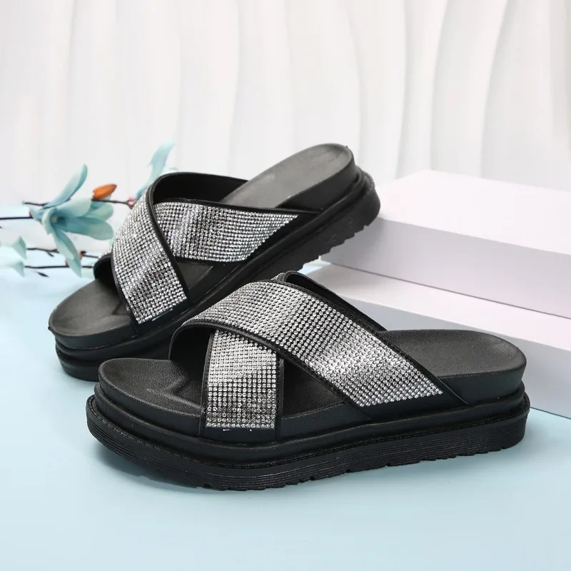 Zapatillas de plataforma planas de lujo para mujer, sandalias de Punta abierta para playa, chanclas para caminar, verano, 2024