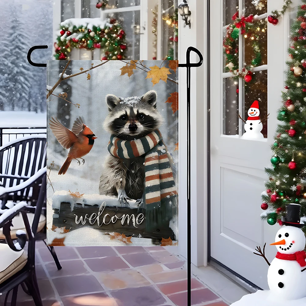 1 item: Winter-themed cozy garden flag with cute raccoon design, perfect for creating a forest-themed courtyard atmosphere.
