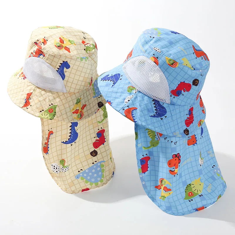 

Dinosaur Children Mesh Fisherman Cap Summer Neck Protection Shawl Sunscreen Hat 3-8Year Kids Quick Drying Sun Hats Baby Visors