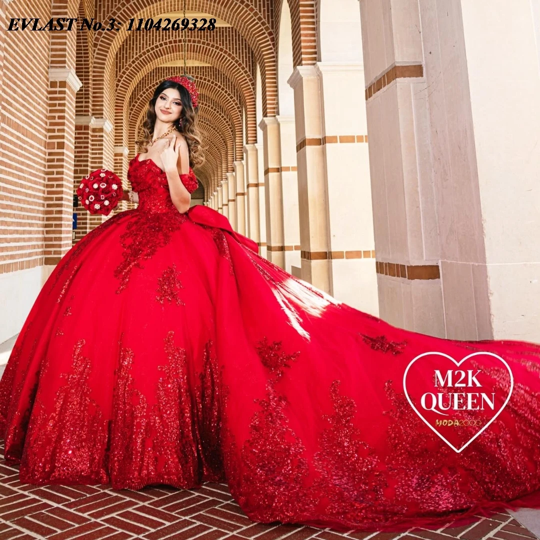 

EVLAST Customized Mexican Red Quinceanera Dress Ball Gown Shiny Sequins Applique Beading Bow Sweet 16 Vestidos De 15 Anos E3Q23