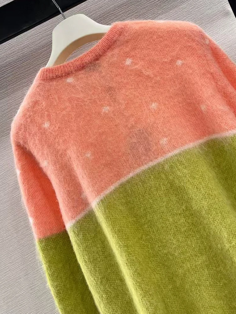 Jersey de punto con cuello redondo de mohair a juego Vintage para mujer, suéter recto todo en uno a la moda para fiesta de vacaciones, otoño 2024